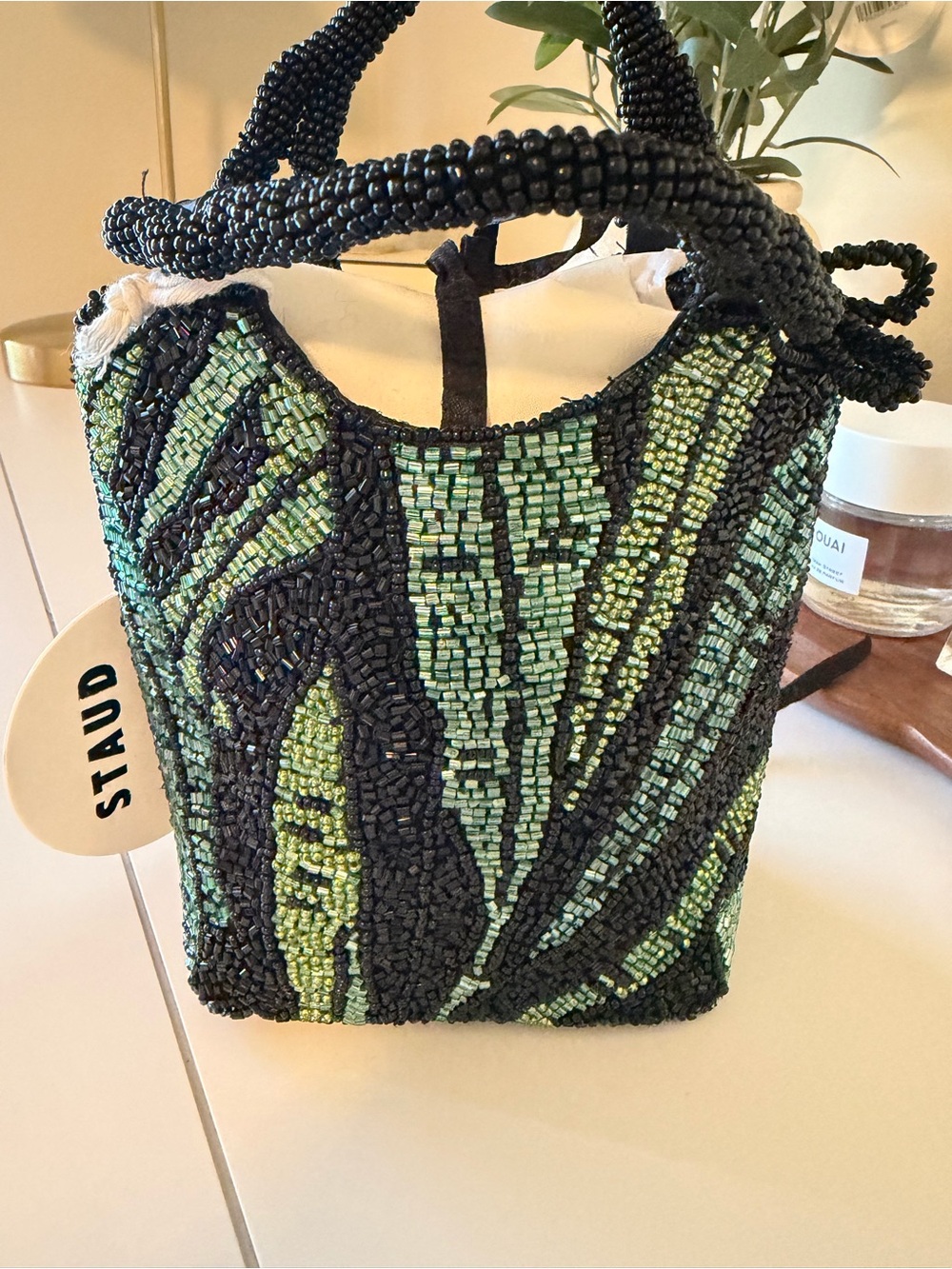 STAUD Beaded Mini Tote in Green and Black - Picture 2 of 5